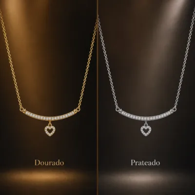 colar com barra curva e coração, variante dourada, pedra clara, referência 85290-3