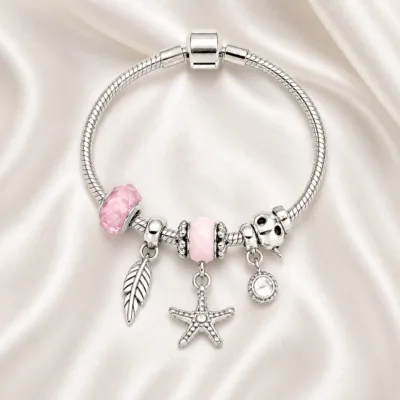 pulseira prateada rosa em cetim marfim, referencia 85326-3