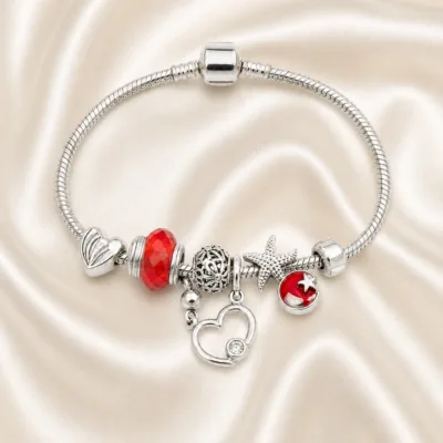 pulseira prateada vermelha em cetim marfim, referencia 85326-4