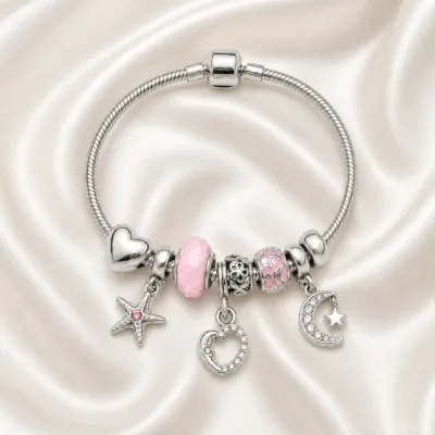 pulseira prateada rosa em cetim marfim, referencia 85326-4