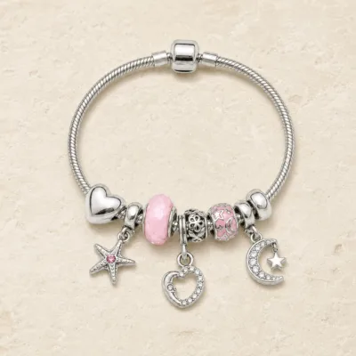 pulseira prateada rosa em pedra clara de tom quente, referencia 85326-4
