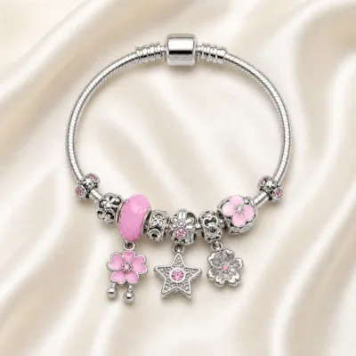 pulseira prateada rosa com flores em cetim marfim, referencia 85327-1