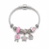 pulseira prateada rosa com flores em fundo branco, referencia 85327-1