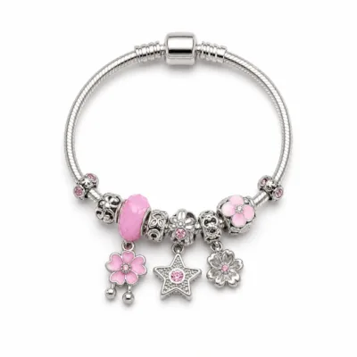 pulseira prateada rosa com flores em fundo branco, referencia 85327-1