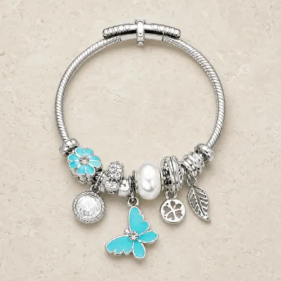 pulseira prateada turquesa com pérola em pedra clara de tom quente, referencia 85327-2