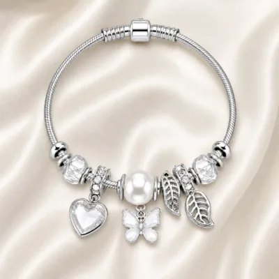 pulseira prateada branca com pérola em cetim marfim, referencia 85327-2