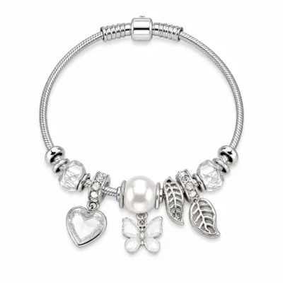 pulseira prateada branca com pérola em fundo branco, referencia 85327-2