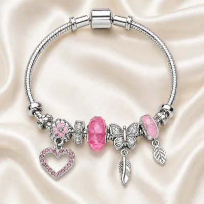 pulseira prateada rosa com coração em cetim marfim, referencia 85327-3