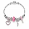 pulseira prateada rosa com coração em fundo branco, referencia 85327-3