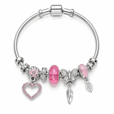 pulseira prateada rosa com coração em fundo branco, referencia 85327-3