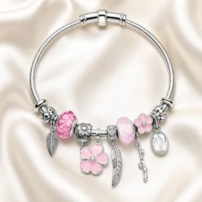 pulseira prateada rosa com flores em cetim marfim, referencia 85327-4