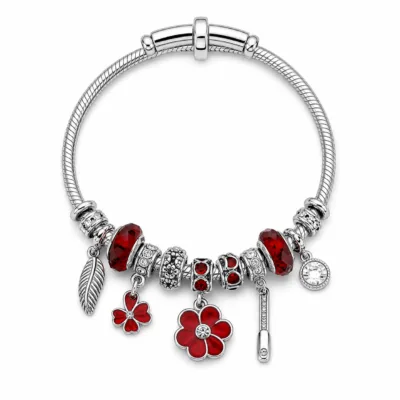pulseira prateada vermelha com flores em fundo branco, referencia 85327-4
