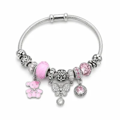pulseira prateada rosa com urso em fundo branco, referencia 85327-6