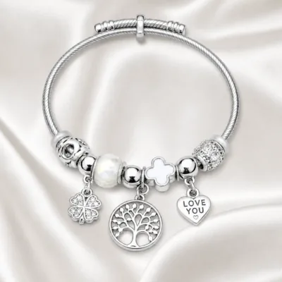 pulseira prateada branca árvore da vida em cetim marfim, referencia 85328-10