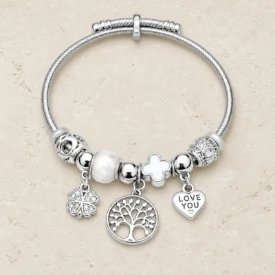 pulseira prateada branca árvore da vida em pedra clara de tom quente, referencia 85328-10