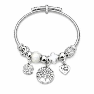pulseira prateada branca árvore da vida em fundo branco, referencia 85328-10