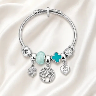 pulseira prateada turquesa árvore da vida em cetim marfim, referencia 85328-10