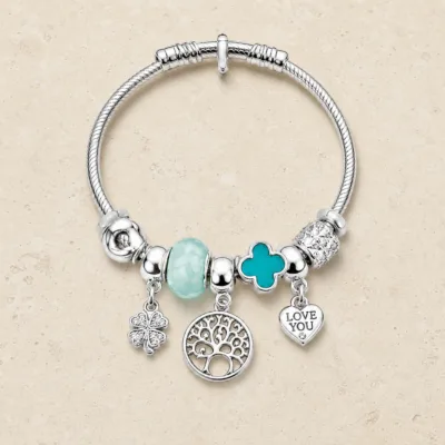 pulseira prateada turquesa árvore da vida em pedra clara de tom quente, referencia 85328-10