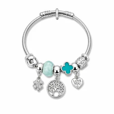pulseira prateada turquesa árvore da vida em fundo branco, referencia 85328-10