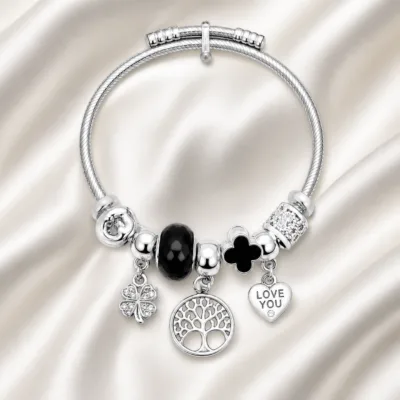 pulseira prateada preta árvore da vida em cetim marfim, referencia 85328-10