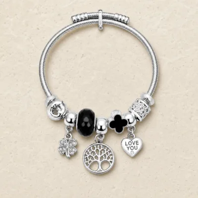 pulseira prateada preta árvore da vida em pedra clara de tom quente, referencia 85328-10