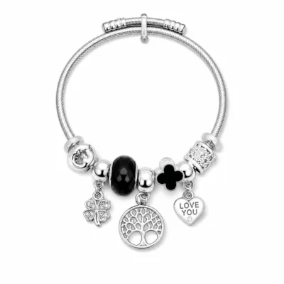 pulseira prateada preta árvore da vida em fundo branco, referencia 85328-10