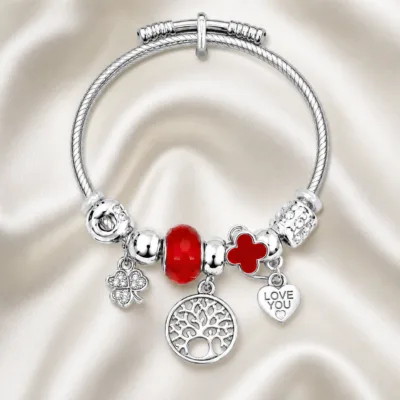 pulseira prateada vermelha árvore da vida em cetim marfim, referencia 85328-10