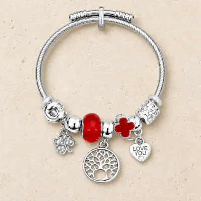 pulseira prateada vermelha árvore da vida em pedra clara de tom quente, referencia 85328-10