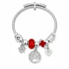 pulseira prateada vermelha árvore da vida em fundo branco, referencia 85328-10