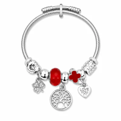 pulseira prateada vermelha árvore da vida em fundo branco, referencia 85328-10