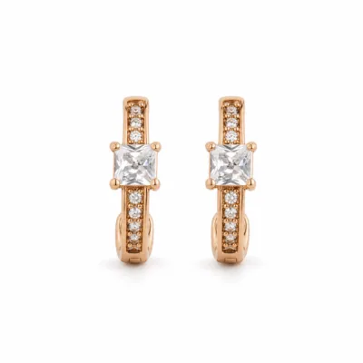 Brincos dourados rosa modelo B com cristal quadrado
