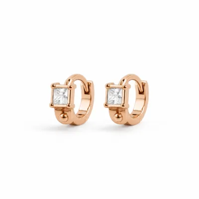 Brincos dourados rosa modelo A com cristal quadrado transparente