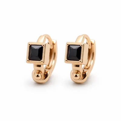 Brincos dourados rosa modelo B com cristal quadrado preto