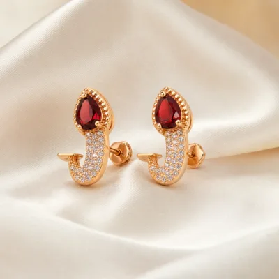 Brincos dourados rosa com cristal gota cristal vermelho