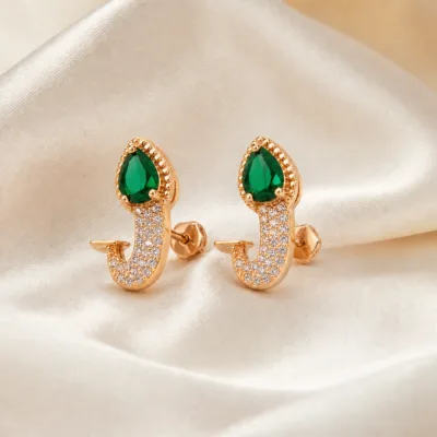 Brincos dourados rosa com cristal gota cristal verde
