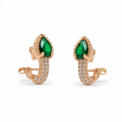 Brincos dourados rosa com cristal gota cristal verde