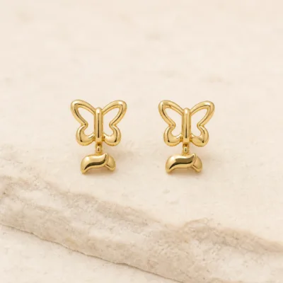 Brincos fashion dourados borboleta com pendente curvo