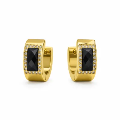 Brincos dourados com cristal preto retangular