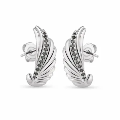 brincos prateados de moda em asa com cristais escuros em fundo branco, referência 85372-1