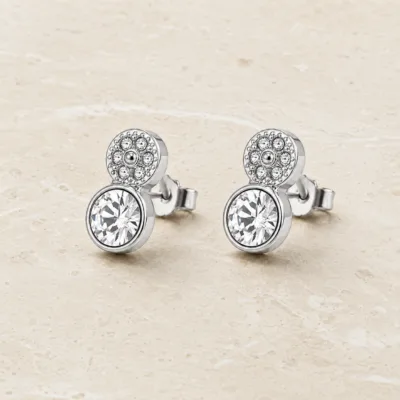 brincos prateados fashion com dois círculos de cristais em pedra clara, referência 85374-13