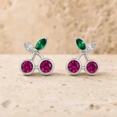brincos prateados criativos de cerejas rosa e folhas verdes em pedra clara, referência 85374-21