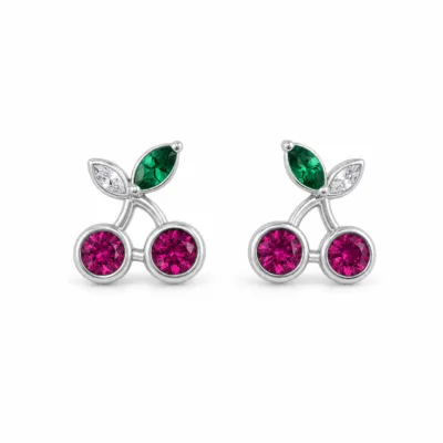 brincos prateados criativos de cerejas rosa e folhas verdes em fundo branco, referência 85374-21