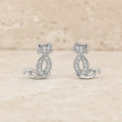 brincos prateados criativos em forma de gato com cristais em pedra clara, referência 85374-22