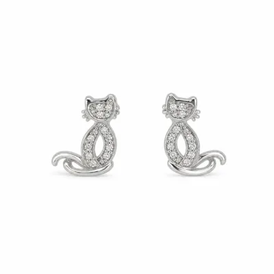 brincos prateados criativos em forma de gato com cristais em fundo branco, referência 85374-22