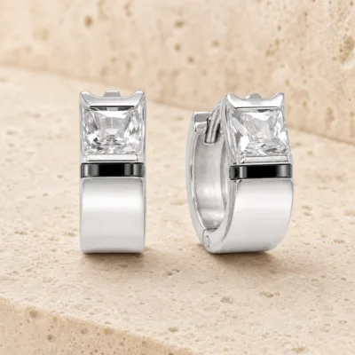 argolas prateadas sofisticadas quadradas com cristal em pedra clara, referncia 85375-12