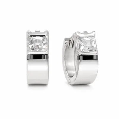 argolas prateadas sofisticadas quadradas com cristal em fundo branco, referncia 85375-12