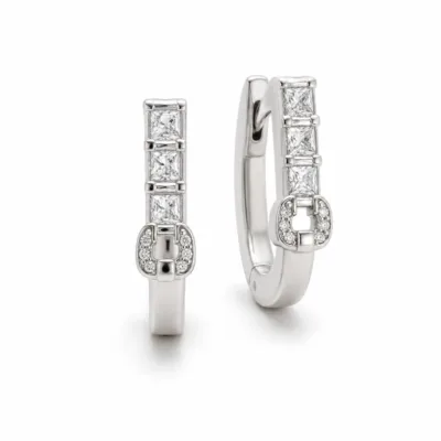 argolas prateadas sofisticadas com cristais quadrados e ferradura em fundo branco, referncia 85375-13