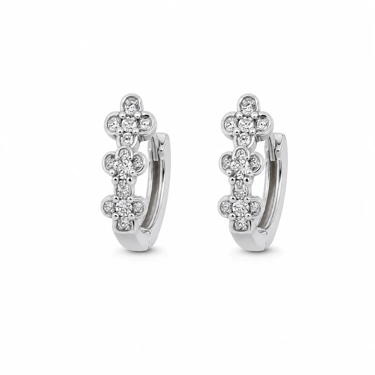argolas prateadas com cristais em flores, referência 85375-4