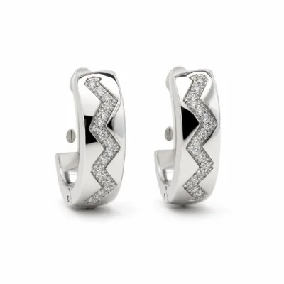 argolas prateadas sofisticadas com zigzag pav e preto em fundo branco, referncia 85375-9