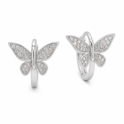 argolas prateadas premium com borboleta pav em fundo branco, referncia 85376-9